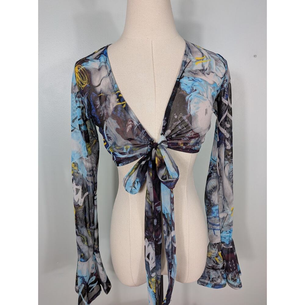 Y2K Mesh Shrug Top S Blue Back Crop Fairy Whimsigoth Tie Cardigan Floral Euro - Picture 6 of 11